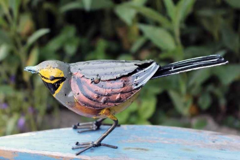 Bruant Zizi, oiseau en métal recyclé. Très réaliste! Arrosoir & Persil. Zimbabwe.