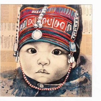 "Bébé Akha". Carte postale, sur Papier d'art. Stéphanie Ledoux.