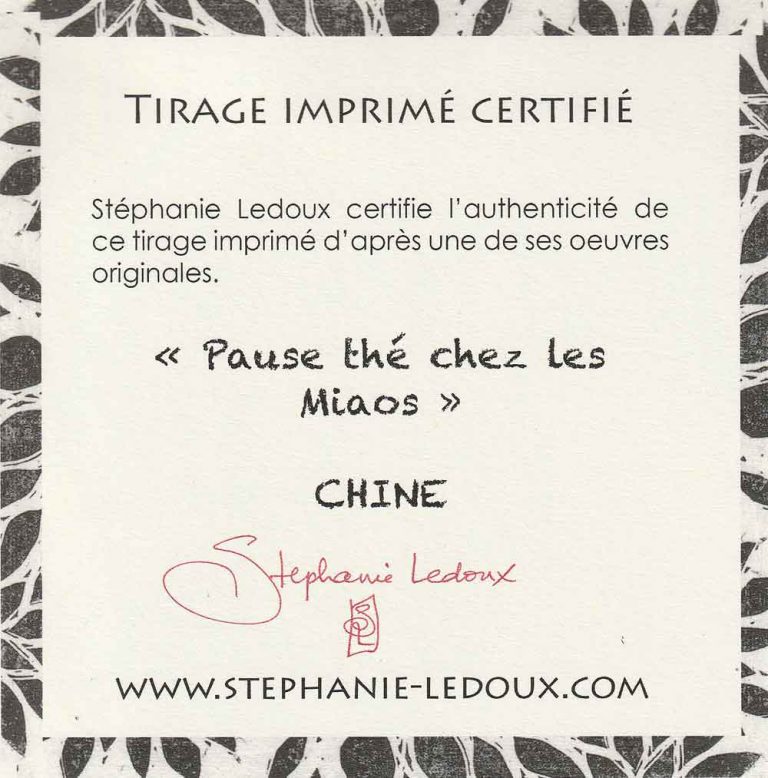 "Pause thé chez les Miaos". Reproduction signée, sur Papier d'art. Stéphanie Ledoux.