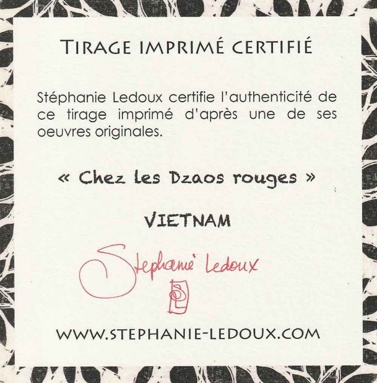 Reproduction signée Stéphanie Ledoux "Chez les Dzaos rouges, Vietnam".