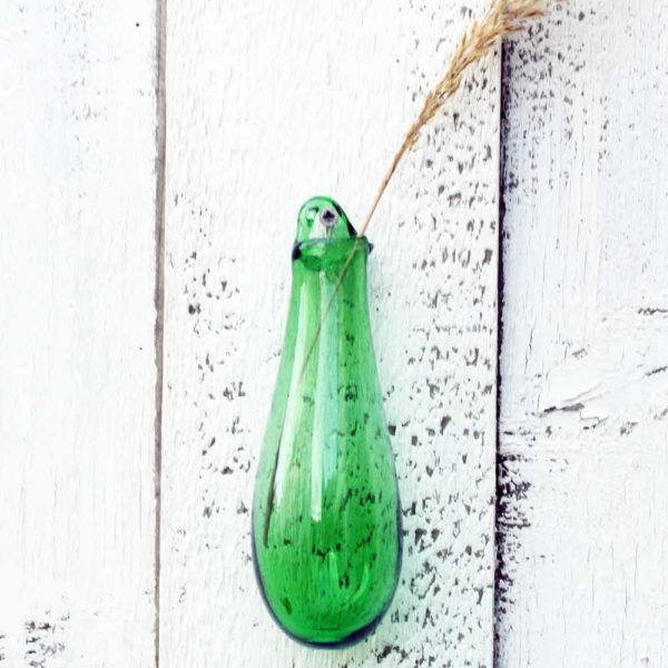Vase "goutte" soliflore vert en verre à suspendre, fait main.