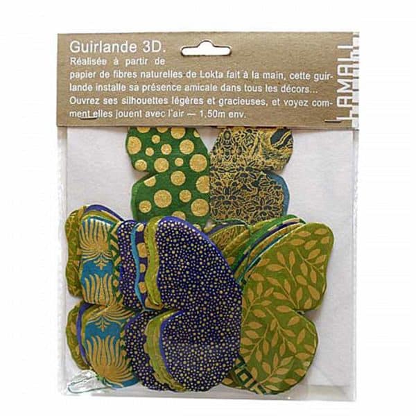 Guirlande papillons 3D "Emeraude" en papier lokta. Lamali.